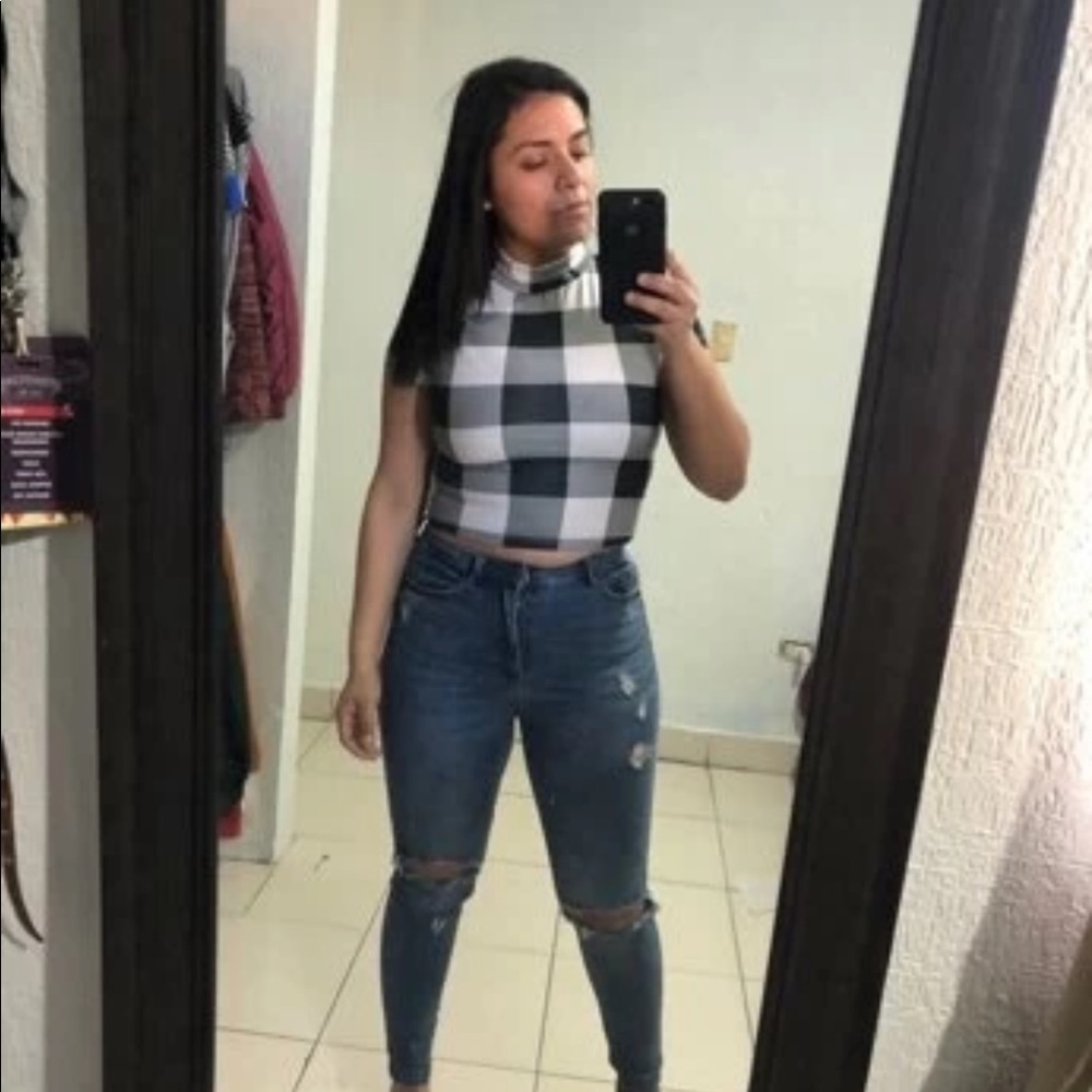 Mock Neck Buffalo Plaid Cap Sleeve Top